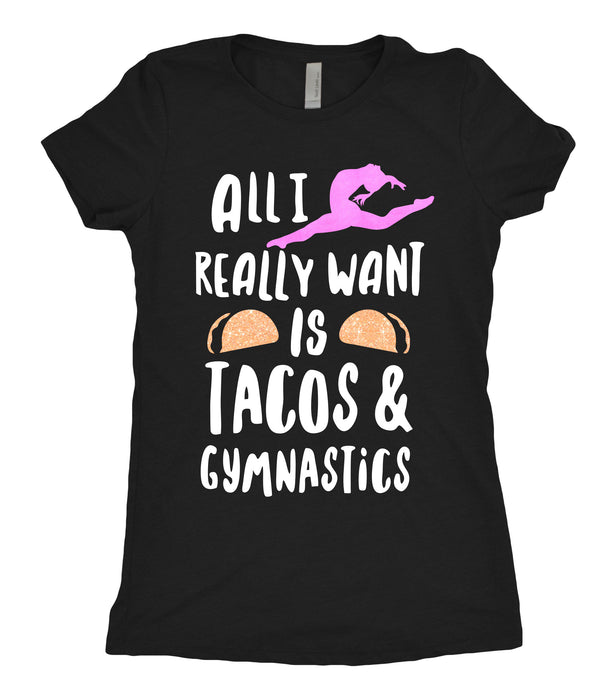 Tee Shirt Gymnast Glitter T-shirt Gymnast Gymnastic Shirt T-shirt girls gift Gymnasts Girls Tacos and Gymnastics